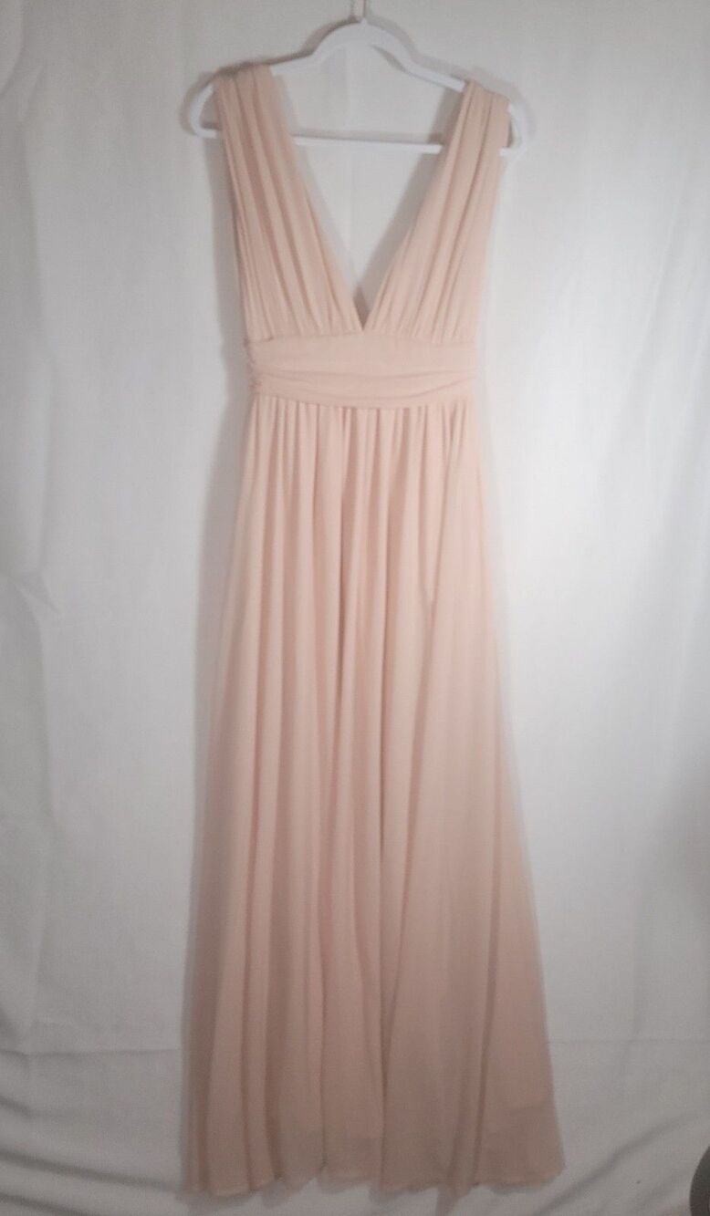 Lulus Heavenly Hues Blush Pink Chiffon Maxi Dress Small Pleated Plunging V-neck